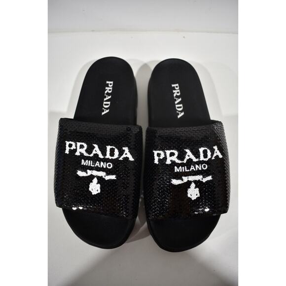 Prada Black Sequin White Logo Slide Sandal Slip On Pool Flip Flop Flat 37.5 - Picture 7 of 11